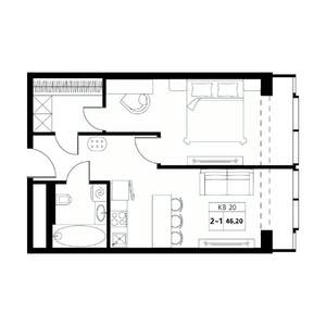 2-к квартира, строящийся дом, 46м2, 15/19 этаж