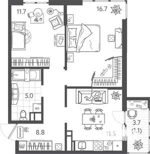 2-к квартира, вторичка, 54м2, 19/24 этаж