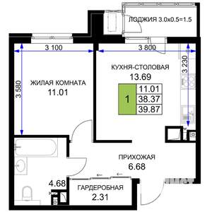 1-к квартира, вторичка, 40м2, 9/16 этаж