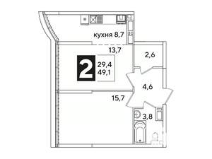 2-к квартира, вторичка, 49м2, 16/16 этаж