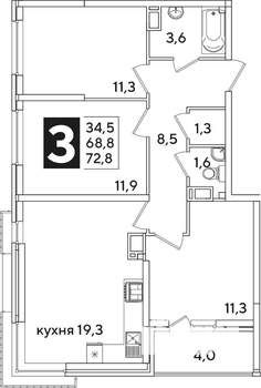 3-к квартира, вторичка, 73м2, 14/16 этаж