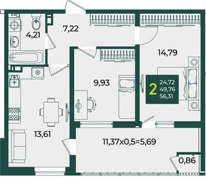 2-к квартира, вторичка, 56м2, 8/18 этаж