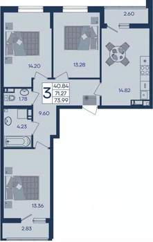 3-к квартира, вторичка, 74м2, 4/18 этаж
