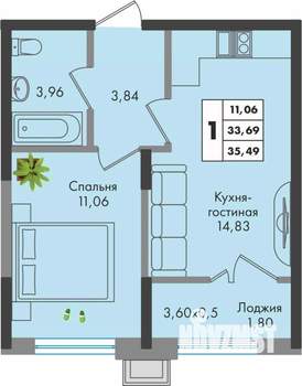 1-к квартира, вторичка, 35м2, 9/9 этаж
