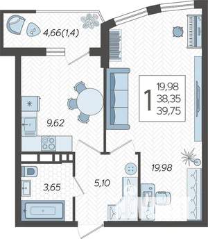 1-к квартира, строящийся дом, 40м2, 20/21 этаж