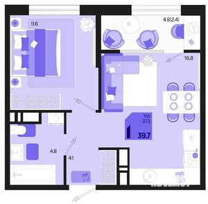 1-к квартира, строящийся дом, 40м2, 18/18 этаж