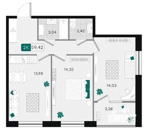 2-к квартира, вторичка, 59м2, 18/18 этаж