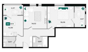 2-к квартира, вторичка, 62м2, 9/18 этаж