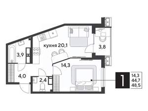 1-к квартира, вторичка, 49м2, 12/18 этаж