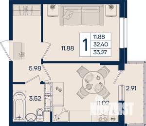 1-к квартира, вторичка, 33м2, 3/18 этаж