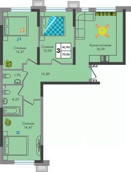 3-к квартира, вторичка, 77м2, 3/9 этаж