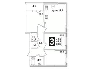 3-к квартира, вторичка, 74м2, 2/16 этаж