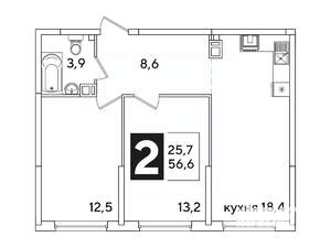 2-к квартира, вторичка, 57м2, 6/16 этаж