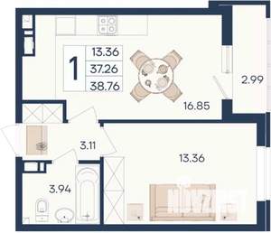 1-к квартира, вторичка, 39м2, 4/18 этаж