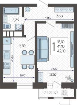 1-к квартира, вторичка, 43м2, 12/12 этаж