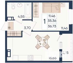 1-к квартира, вторичка, 37м2, 6/18 этаж