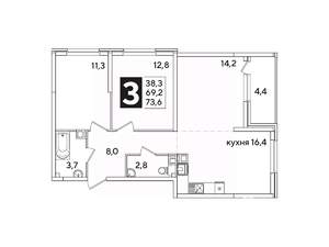 3-к квартира, вторичка, 74м2, 5/16 этаж