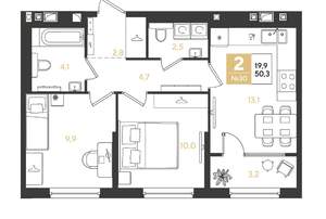 2-к квартира, строящийся дом, 50м2, 4/18 этаж