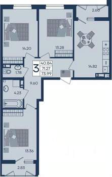 3-к квартира, вторичка, 74м2, 4/18 этаж