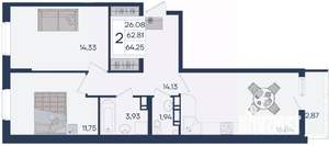 2-к квартира, вторичка, 64м2, 3/18 этаж