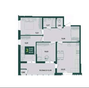 3-к квартира, вторичка, 82м2, 3/18 этаж