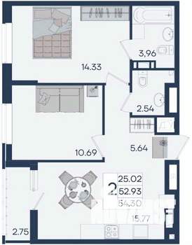 2-к квартира, вторичка, 54м2, 5/18 этаж