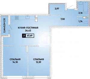 2-к квартира, вторичка, 68м2, 3/18 этаж