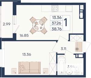 1-к квартира, вторичка, 39м2, 3/18 этаж