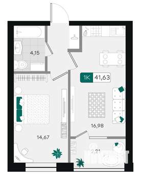 1-к квартира, вторичка, 42м2, 7/18 этаж