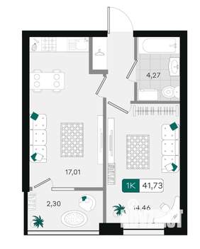 1-к квартира, вторичка, 42м2, 4/18 этаж