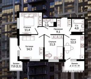 3-к квартира, вторичка, 70м2, 4/19 этаж