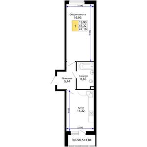 1-к квартира, строящийся дом, 47м2, 4/15 этаж