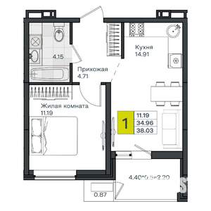 1-к квартира, вторичка, 38м2, 6/8 этаж
