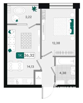 1-к квартира, вторичка, 36м2, 9/9 этаж