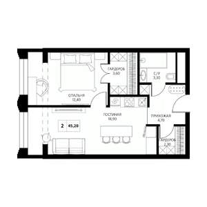 2-к квартира, строящийся дом, 45м2, 6/19 этаж