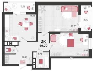 2-к квартира, вторичка, 70м2, 17/18 этаж