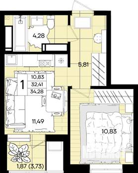 1-к квартира, вторичка, 34м2, 3/18 этаж
