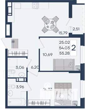 2-к квартира, вторичка, 55м2, 6/18 этаж