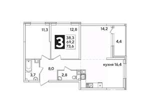 3-к квартира, вторичка, 74м2, 5/16 этаж