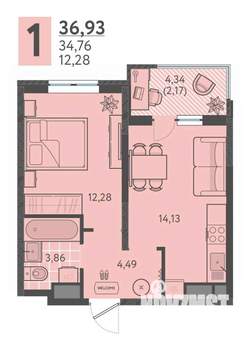 1-к квартира, вторичка, 37м2, 2/18 этаж