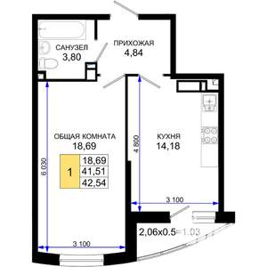 1-к квартира, строящийся дом, 43м2, 3/19 этаж