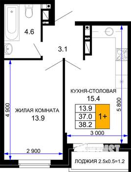 1-к квартира, строящийся дом, 38м2, 12/16 этаж