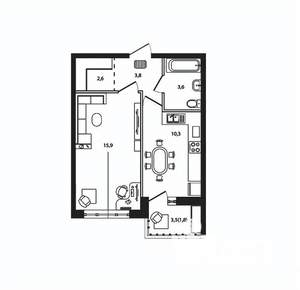 1-к квартира, вторичка, 38м2, 1/9 этаж