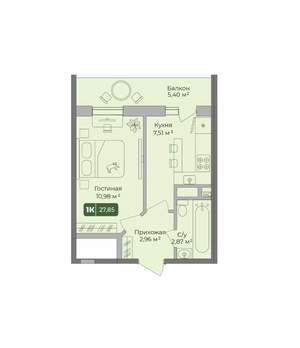 1-к квартира, вторичка, 28м2, 9/10 этаж