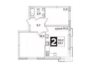 2-к квартира, вторичка, 59м2, 6/16 этаж