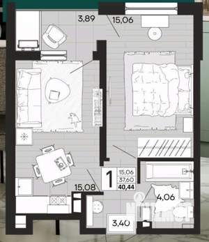 1-к квартира, вторичка, 40м2, 7/16 этаж