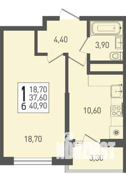 1-к квартира, строящийся дом, 41м2, 19/22 этаж
