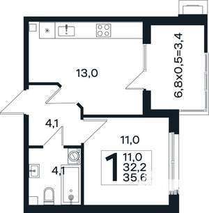 1-к квартира, вторичка, 36м2, 1/4 этаж