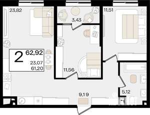 2-к квартира, строящийся дом, 61м2, 12/18 этаж