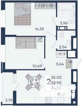2-к квартира, вторичка, 54м2, 7/18 этаж